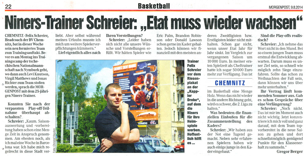 Die Morgenpost schreibt über die Basketballmanschaft Niners in Chemnitz und nutzt dabei ein Foto eines Moxxo Riesenposters.